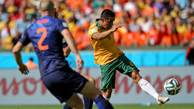 Tim Cahill nets a stunning volley against Holland at the 2014 FIFA World Cup.