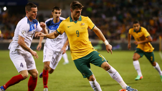 Tomi Juric on the ball in the Socceroos World Cup qualifier against Kyrgyzstan.