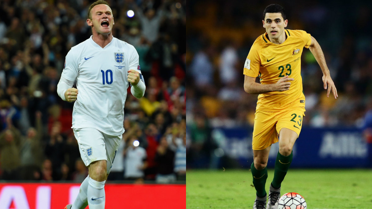 England star Wayne Rooney and Socceroos playmaker Tom Rogic.