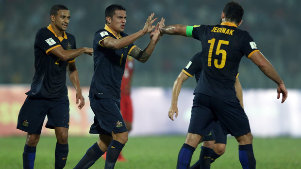 Socceroos players celebrate a goal in their 4-0 win over Bangladesh in November.