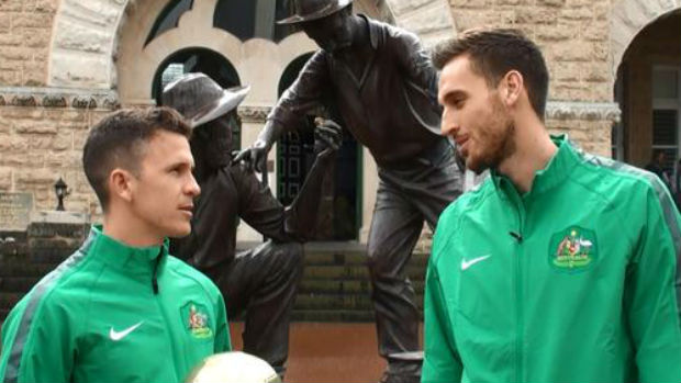 Socceroos Matt McKay and Matthew Spiranovic outside The Perth Mint.