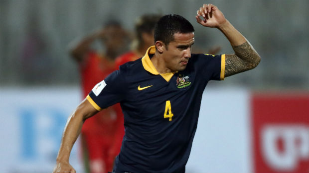 Socceroos striker Tim Cahill celebrates scoring against Bangladesh.