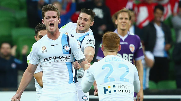 Connor Chapman lets all his emotion out after scoring against Glory on Friday night.