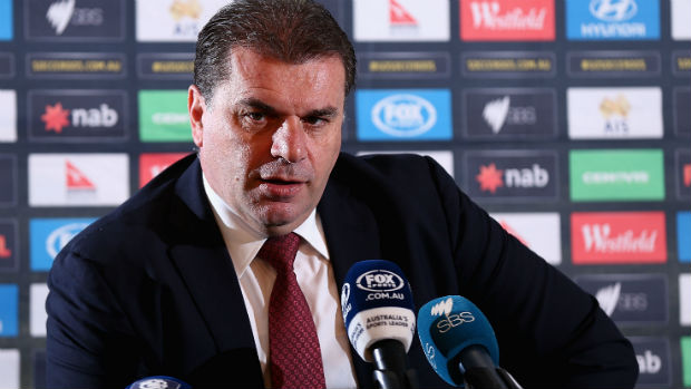 Caltex Socceroos coach Ange Postecoglou addresses media.