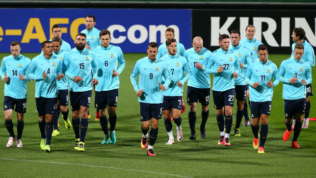 The Caltex Socceroos in training ahead of their World Cup qualifiers against Iraq and UAE in Perth.