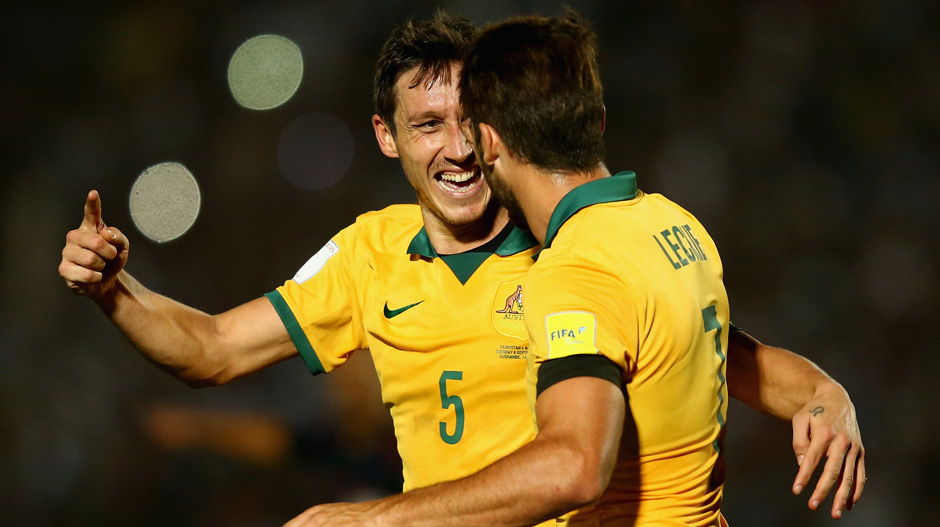 Mark Milligan celebrates scoring the Socceroos' opener against Tajikistan last month.
