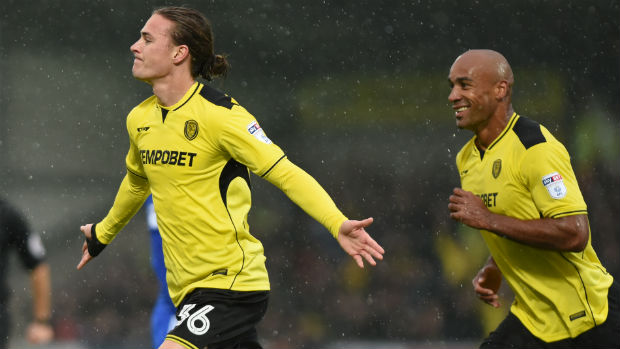 Jackson Irvine celebrates scoring for Burton Albion in this season's Championship.