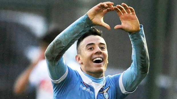 Chris Ikonomidis celebrates one of his goals for Lazio in the Coppa Primavera final.