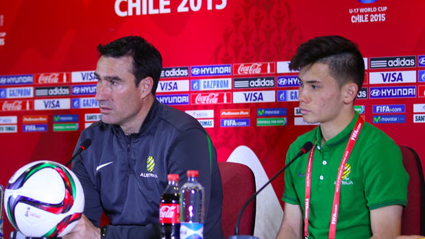 Tony Vidmar and Joe Caletti speak at Australia's pre-match press conference