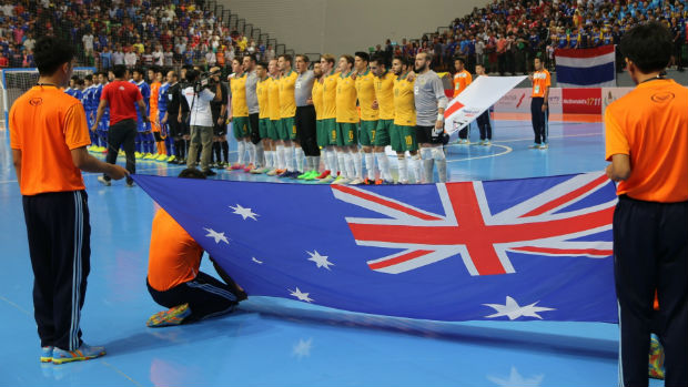 The Futsalroos prior to kick-off in the 2015 AFF Futsal Championship final. Image courtesy of Mark Seeto
