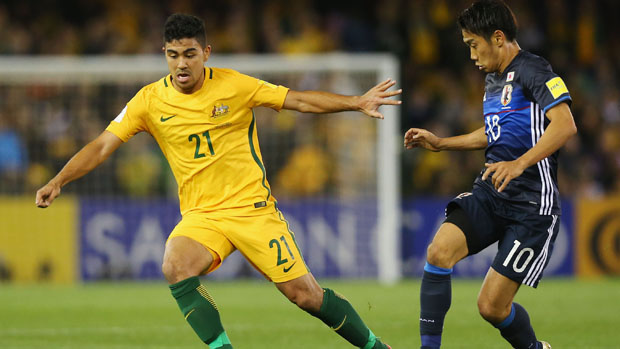 Caltex Socceroos midfielder Massimo Luongo and Japanese superstar Shinji Kagawa.
