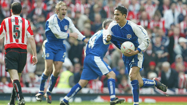 Tim Cahill celebrates scoring for Millwall in their FA Cup semi-final against Sunderland in 2004.