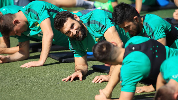 Skipper Mile Jedinak stretches at GIO Stadium.