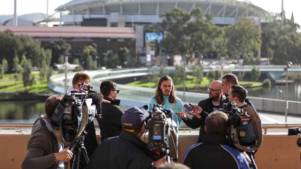 Jackson Irvine speaks to the media in Adelaide.