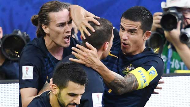 The Caltex Socceroos celebrate taking a first-half lead in their FIFA Confederations Cup clash against Chile.