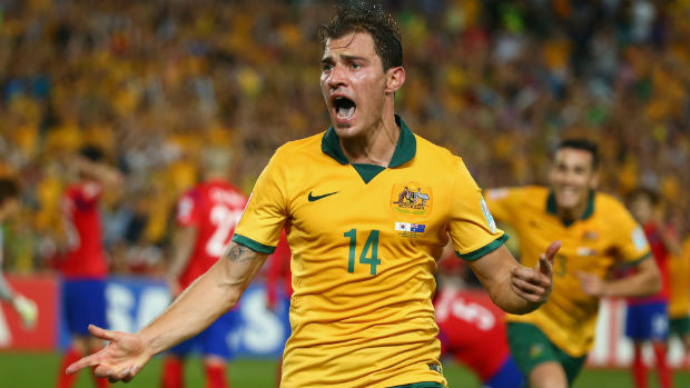 Socceroo James Troisi celebrates his winner in the AFC Asian Cup final.