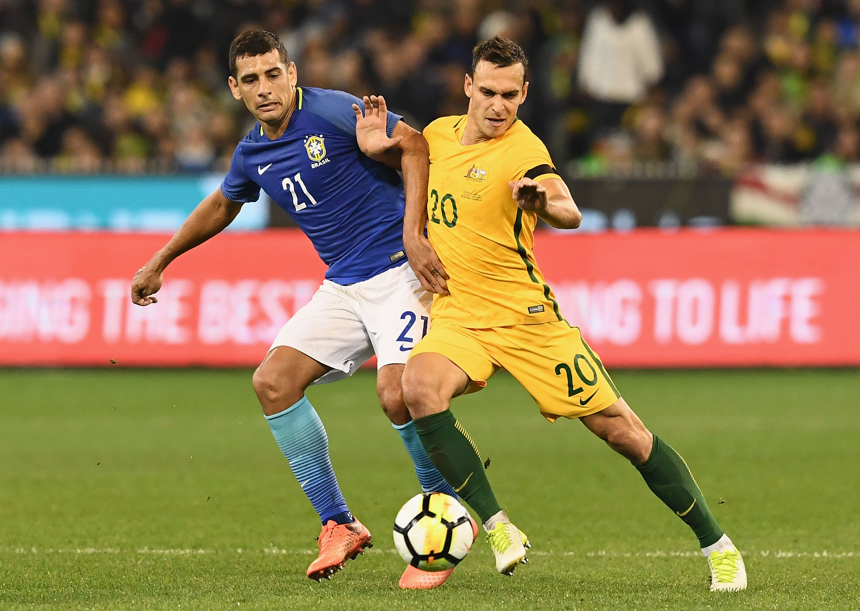 Trent Sainsbury was working hard to keep it tight at the back as the sides went to the break with Brazil leading 1-0.