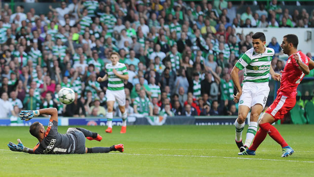 Tom Rogic scores a goal in qualifying for the UEFA Champions League.