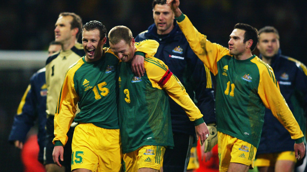 Socceroos players celebrate their 3-1 win over England at Upton Park.