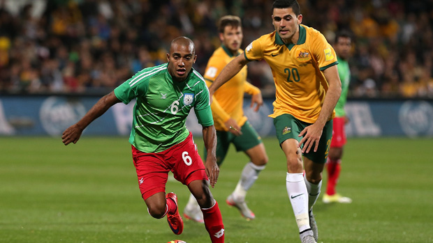 Jamal Bhuyan on the ball against the Socceroos.