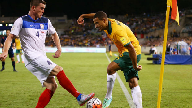 Socceroo defender James Meredith goes on the attack against Kyrgyzstan.