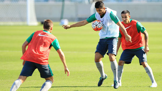 Massimo Luongo on the ball during a Socceroos training session in Canberra.