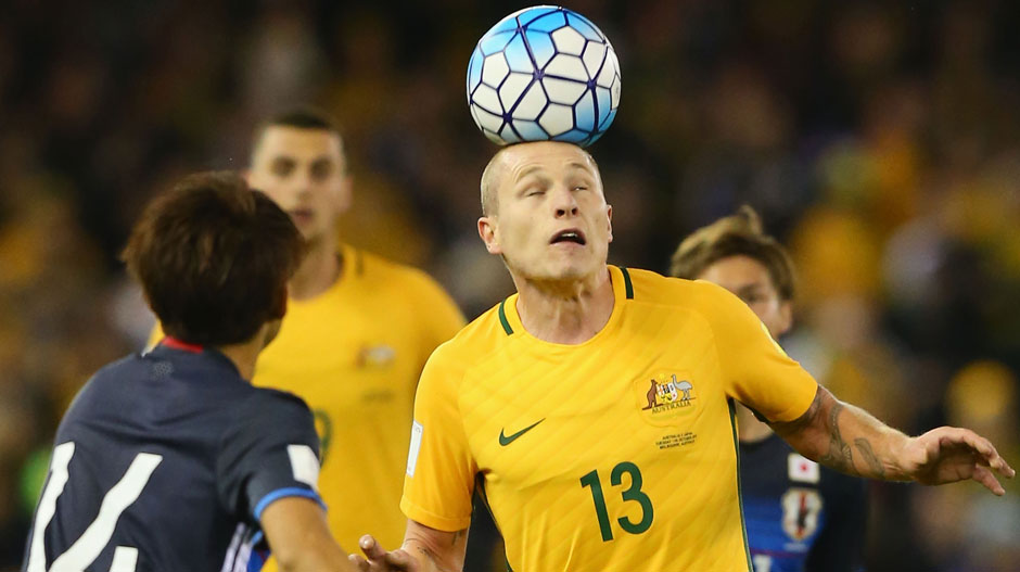 The 26-year-old is now one of the first picked in Ange Postecoglou’s starting XI. Here he is using his head against Japan in the qualifier in Melbourne last year.