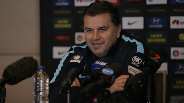 Caltex Socceroos coach Ange Postecoglou at Wednesday's press conference.
