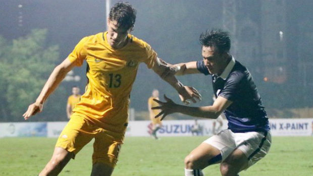 Young Socceroos striker George Blackwood in action against Vietnam. Image courtesy of Vietnam Football Federation