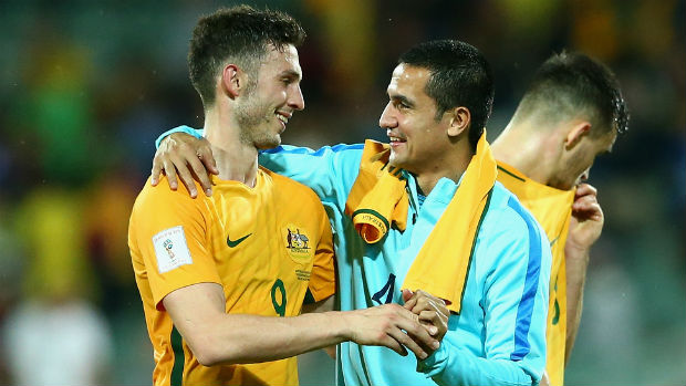 Caltex Socceroos strikers Apostolos Giannou and Tim Cahill.