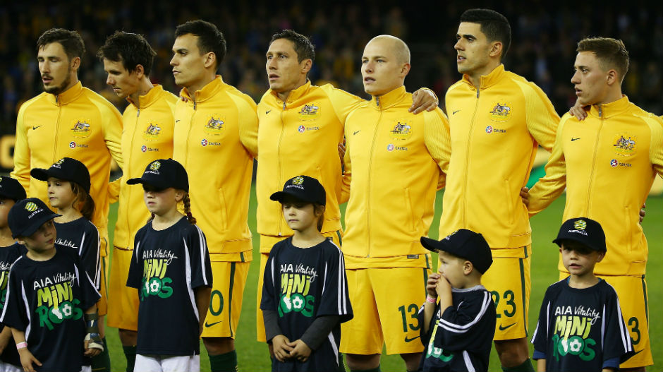 The Caltex Socceroos ahead of kick-off against Greece in Melbourne in June.