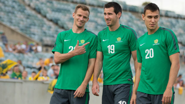 Socceroos defenders Alex Wilkinson, Ryan McGowan and Trent Sainsbury.