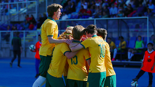 Australia's Joeys celebrate Jake Brimmer's goal against Costa Rica