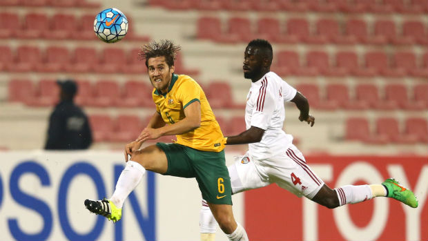 Olyroos midfielder Josh Brillante latches onto possession against the UAE.