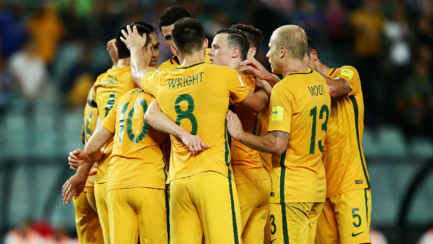 The Caltex Socceroos celebrate scoring against Jordan at Allianz Stadium on Tuesday night.