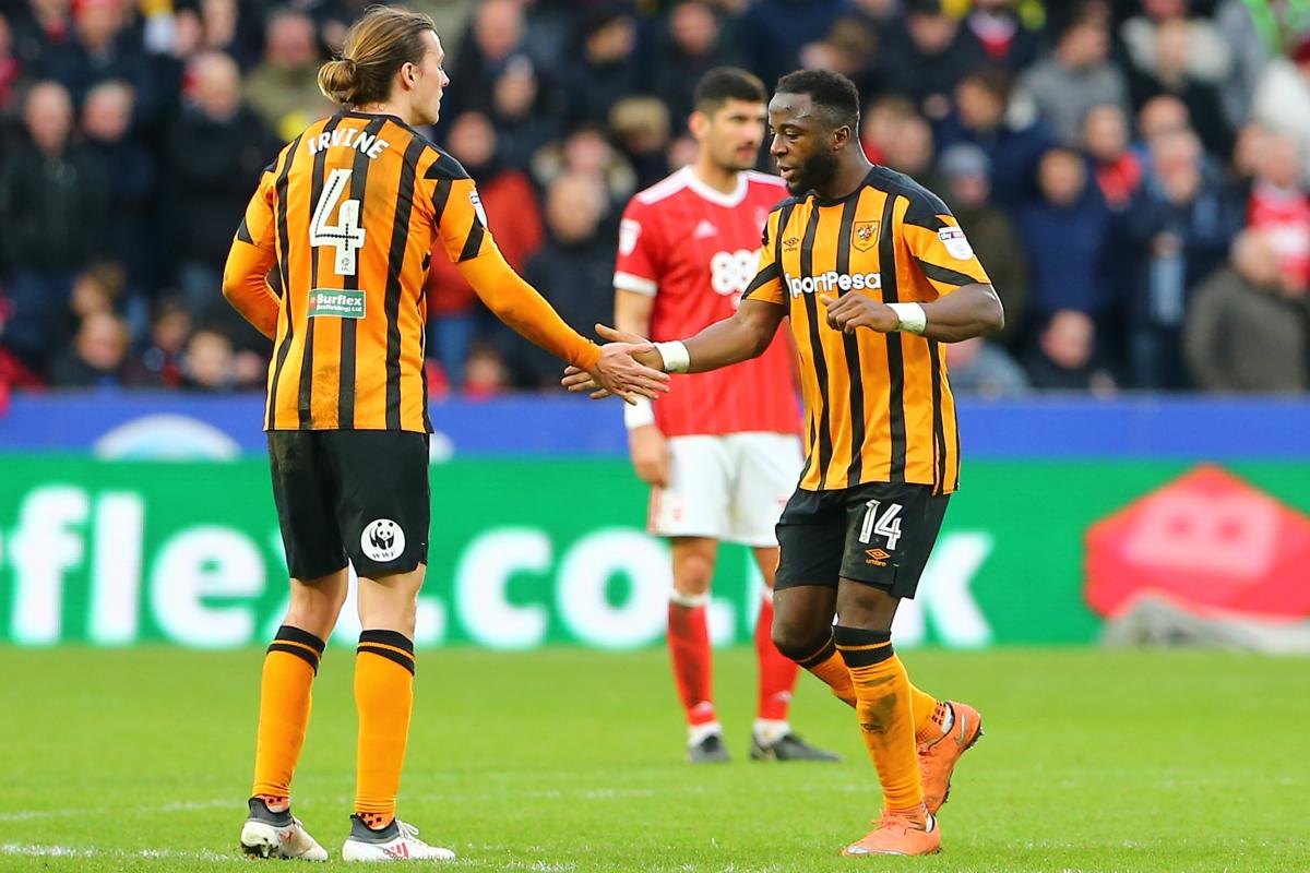 Jackson Irvine congratulates Adama Diomande before he is substituted against Forest.