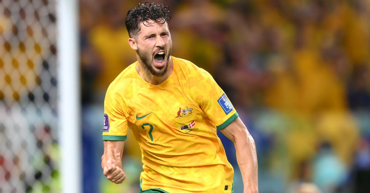 Mathew Leckie celebrates scoring against Denmark at the FIFA World Cup Qatar 2022