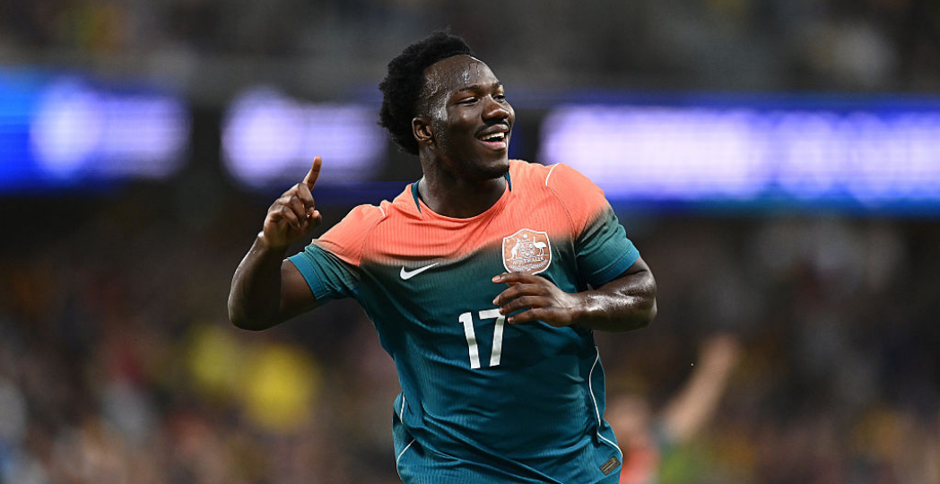TOWNSVILLE, AUSTRALIA - SEPTEMBER 25: Nestory Irankunda of Australia celebrates scoring his team's first goal during the International Friendly match between Australia Socceroos and Brazil at Queensland Country Bank Stadium on September 25, 2026 in Townsville, Australia. (Photo by Albert Perez/Getty Images)