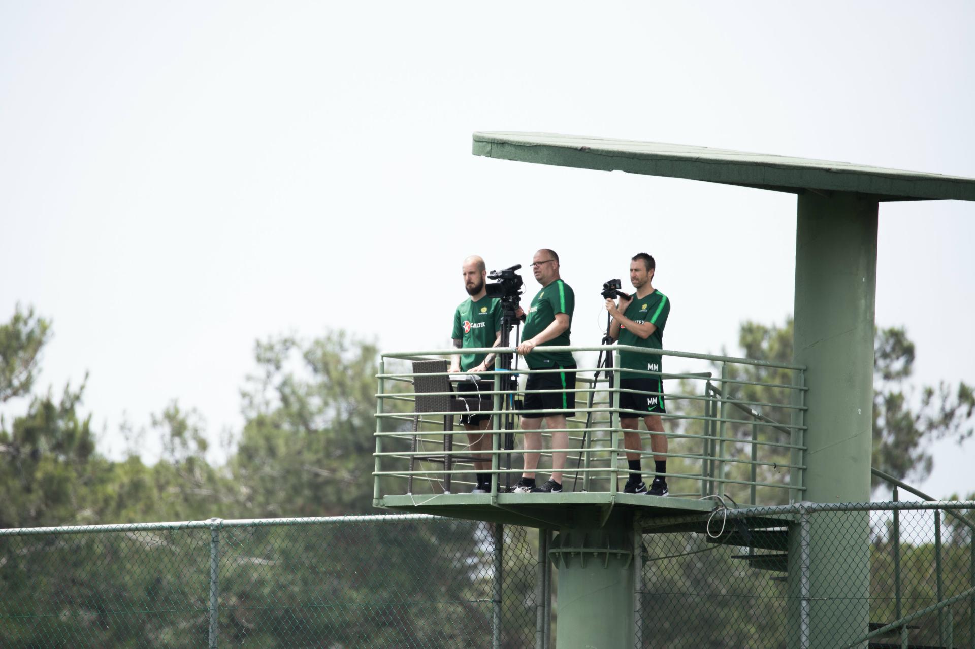 Caltex Socceroos coaching staff get an aerial view of the session.