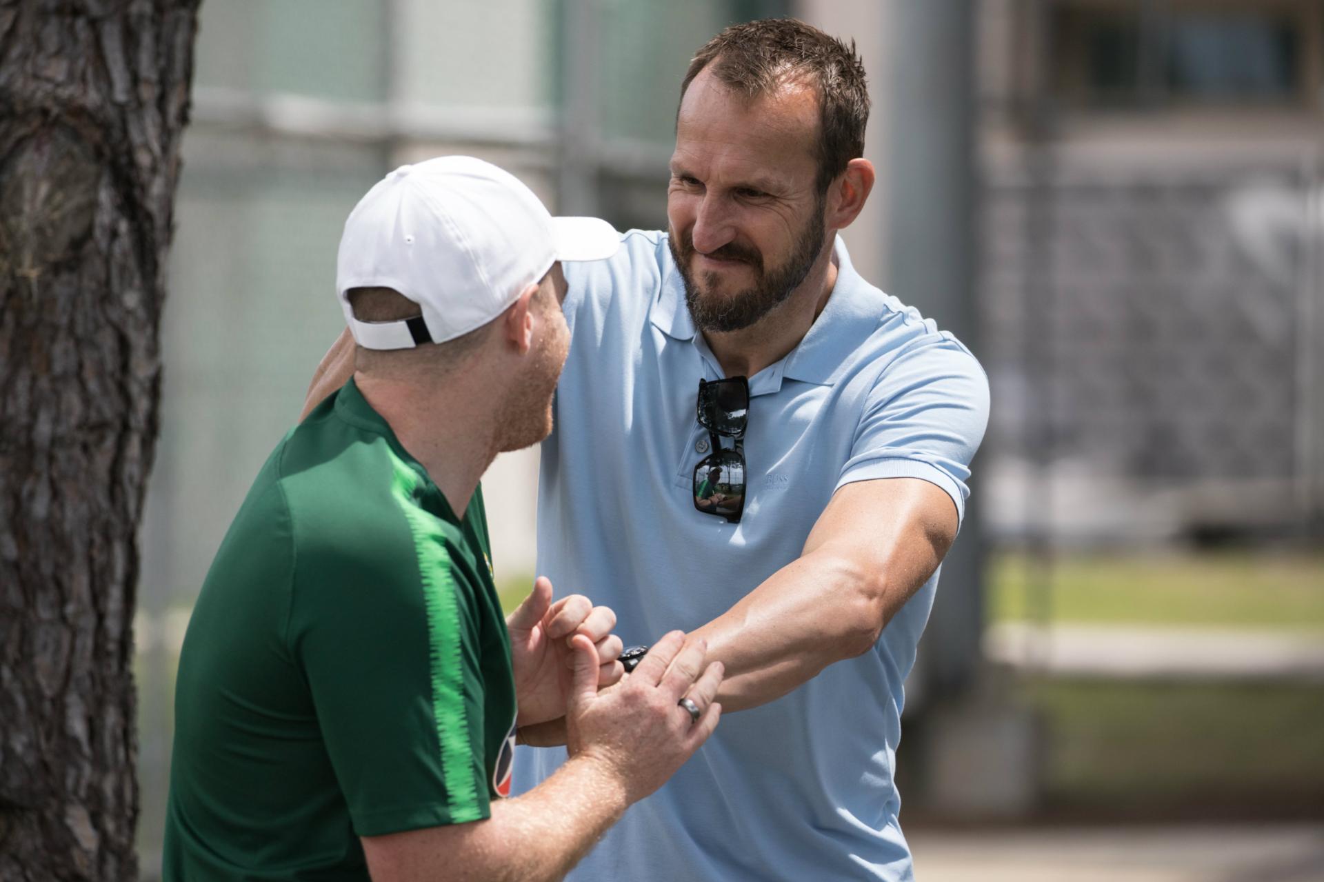 Ex-Socceroos keeper Mark Schwarzer dropped in on training.