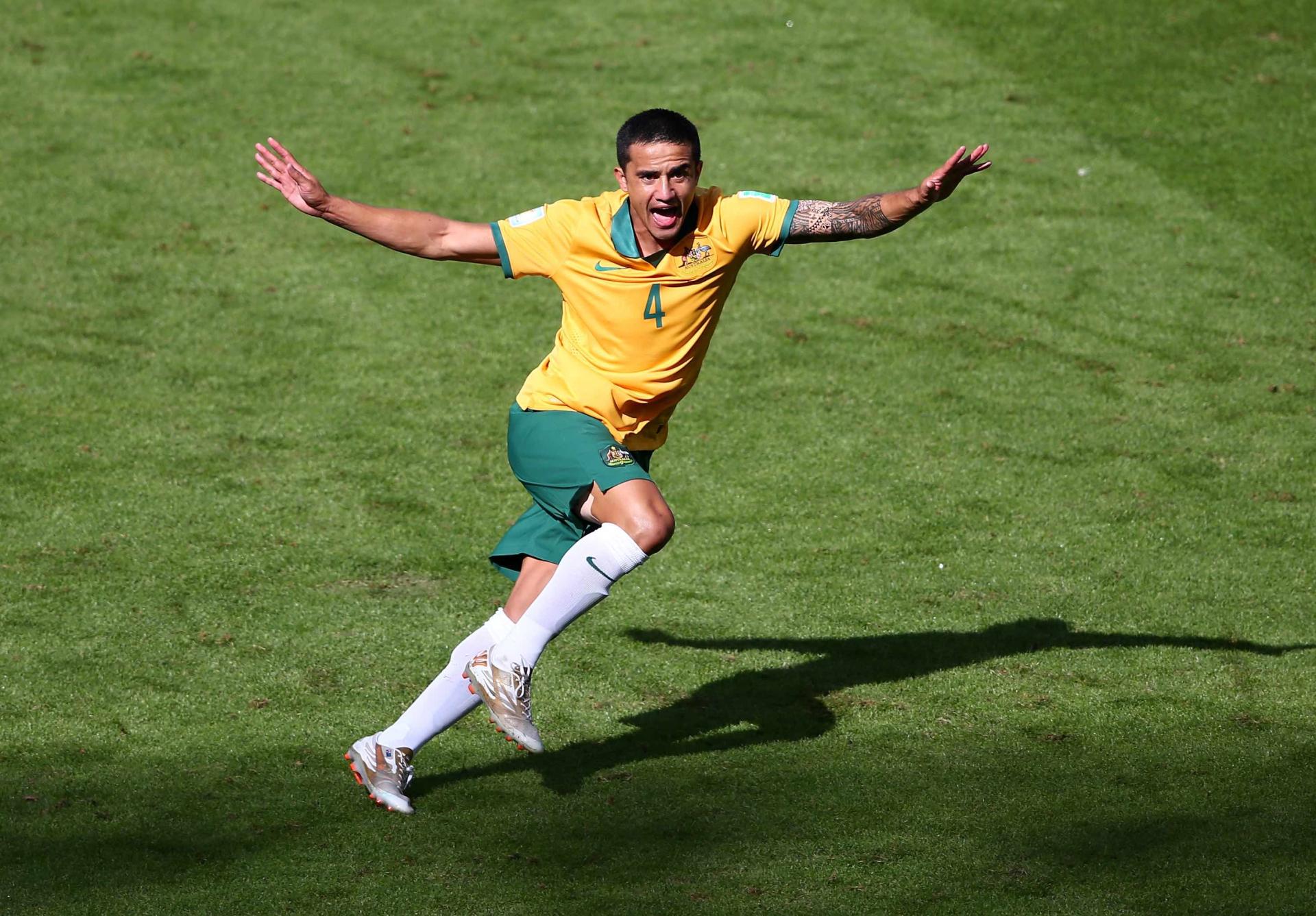 Cahill celebrating his famous goal against the Netherlands at the 2014 FIFA World Cup