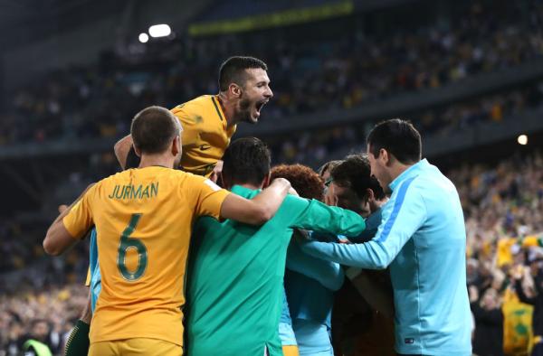 Socceroos celebrate against Syria