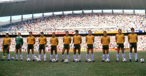 Paul Wade lines up for the anthem - Socceroos versus Argentina 1988