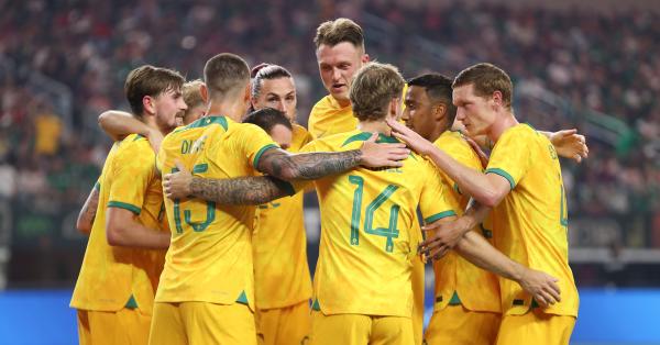 Socceroos celebrate scoring against Mexico at AT&T Stadium