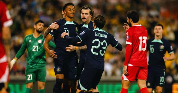Kusini Yengi celebrates after scoring his first Socceroos goal
