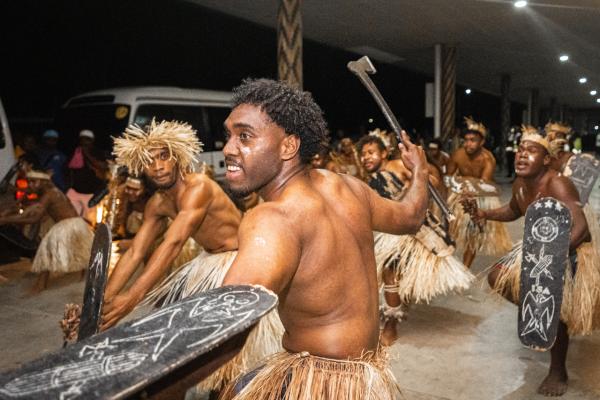 A traditional Saleolo dancing from the Solomon Islands' Isabel Province welcomes the Joeys