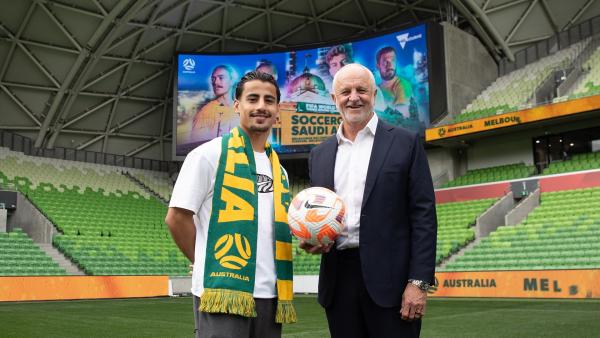 Subway Socceroos head coach Graham Arnold pictured with cap #596 Daniel Arzani.