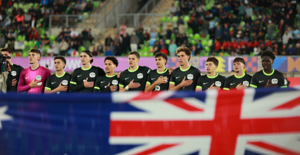 Young Socceroos line up for national anthem before the FIFA U-20 World Cup 2025 match against Argentina U20