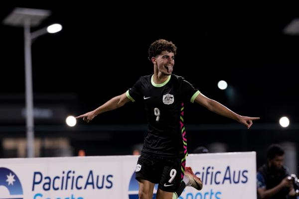 Luke Becvinovski celebrates on of his three goals against Solomon Islands U19 in Honiara
