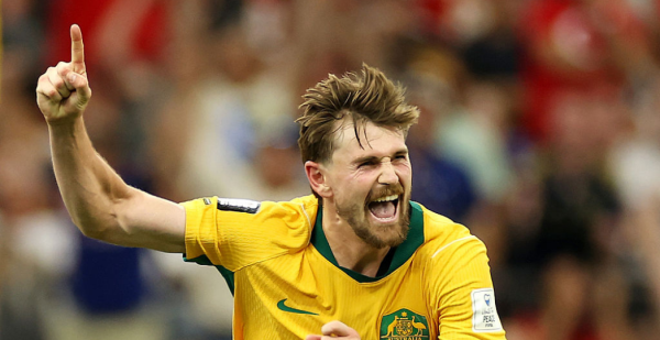 VANCOUVER, BRITISH COLUMBIA - JUNE 13: Connor Metcalfe #8 of Australia celebrates scoring his team's second goal during the FIFA World Cup 2026 Group D match between Australia and Türkiye at BC Place Vancouver on June 13, 2026 in Vancouver, British Columbia. (Photo by Sarah Stier - FIFA/FIFA via Getty Images)